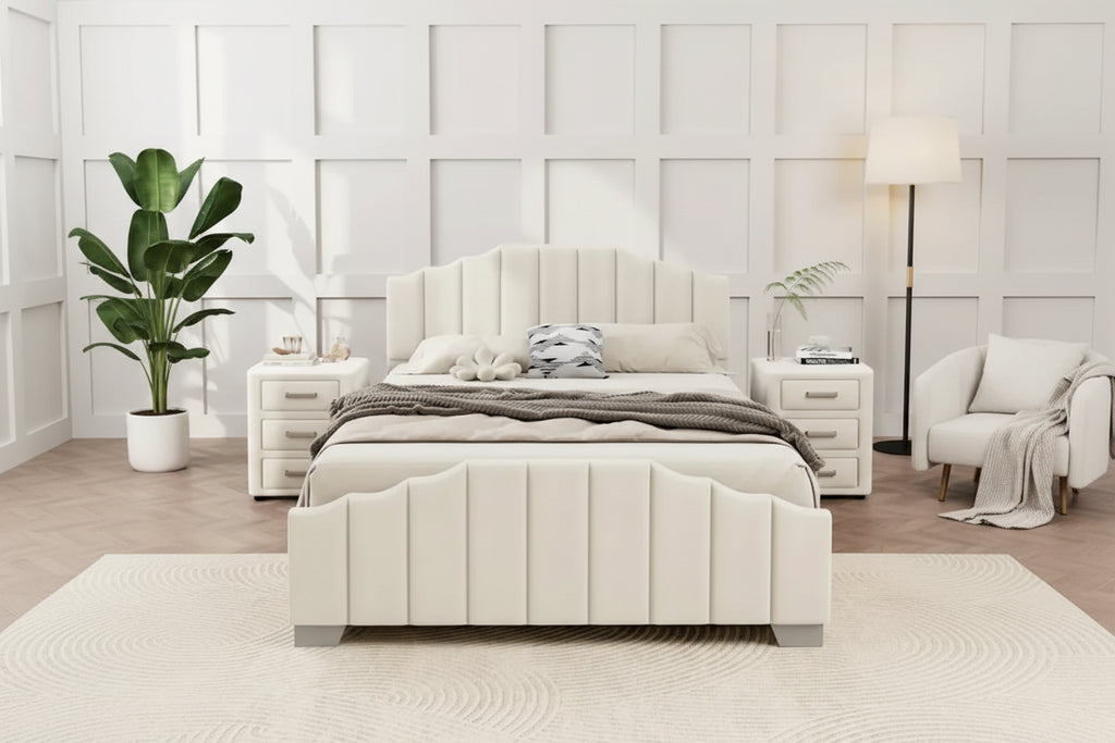 Ensemble de chambre moderne format très grand lit, avec tête de lit rembourrée à plateforme et 2 tables de chevet à 3 tiroirs, aucun sommier tapissier requis