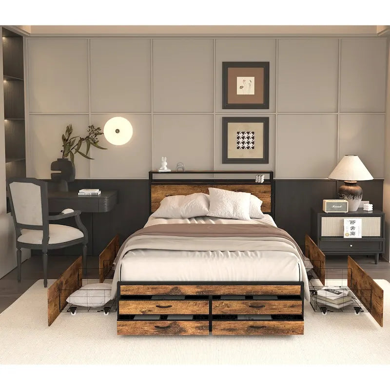 Lit de rangement double avec lumières LED, station de charge et 8 tiroirs