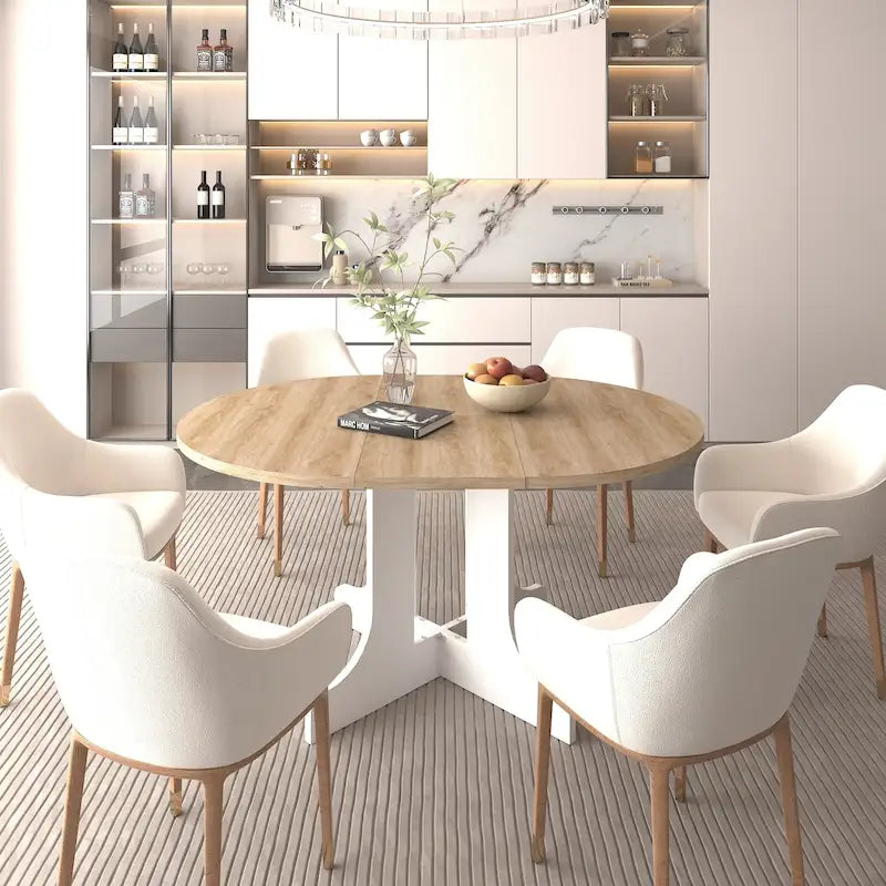Table à manger ronde élégante de style ferme avec rallonge et piètement en X, idéale pour une salle à manger moderne