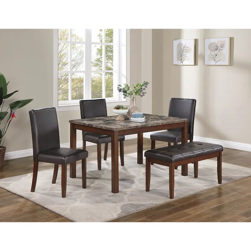 Ensemble de salle à manger 5 pièces, ensemble de dînette de cuisine avec table en faux marbre, banc et 3 chaises rembourrées en similicuir