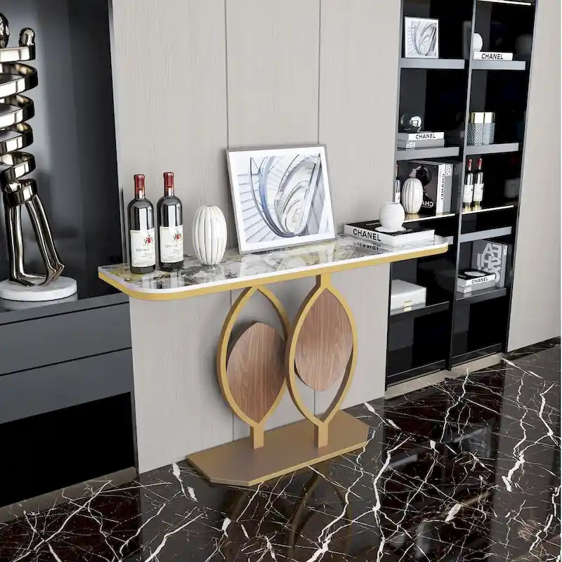 Table console moderne en marbre de 48 po avec base dorée pour entrée ou salon - 48x12x31