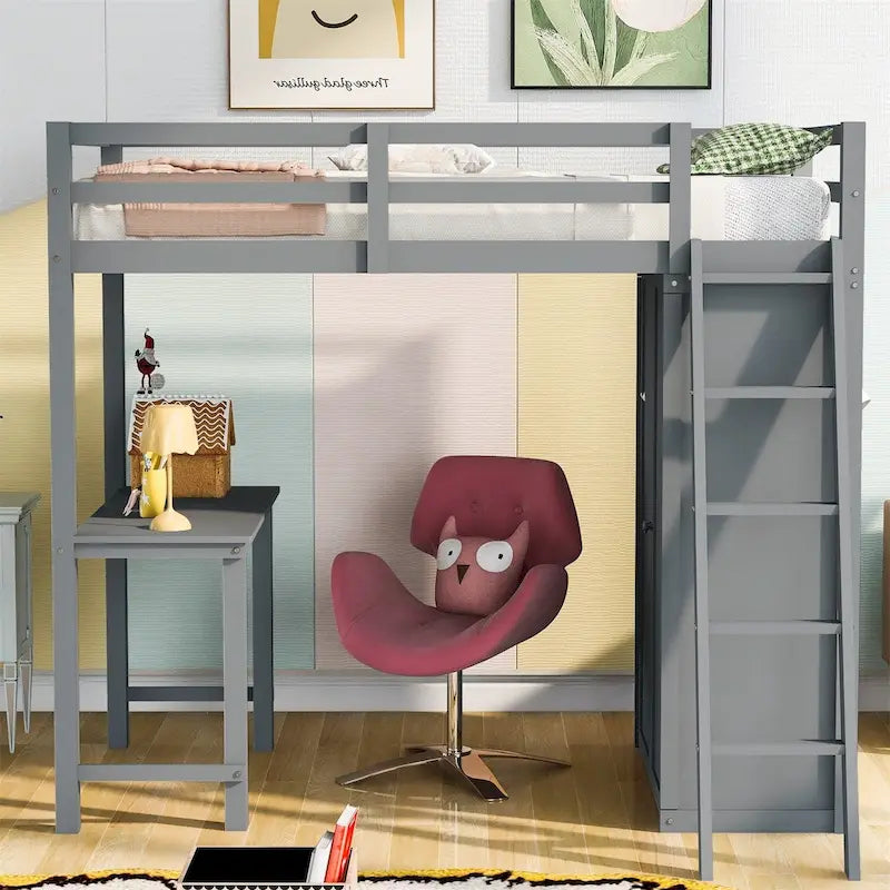 Lit mezzanine avec armoire, bureau et étagères
