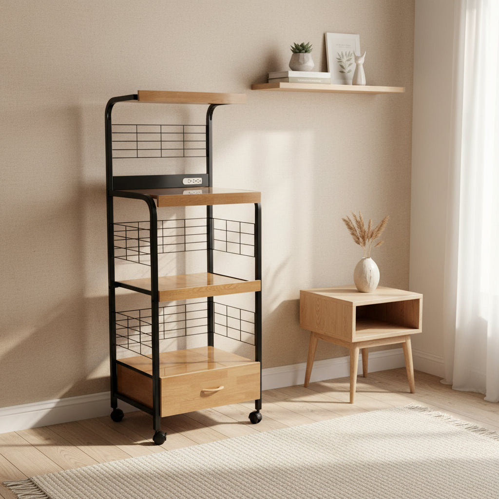 Black Microwave Cart with Outlet, 60-inches High