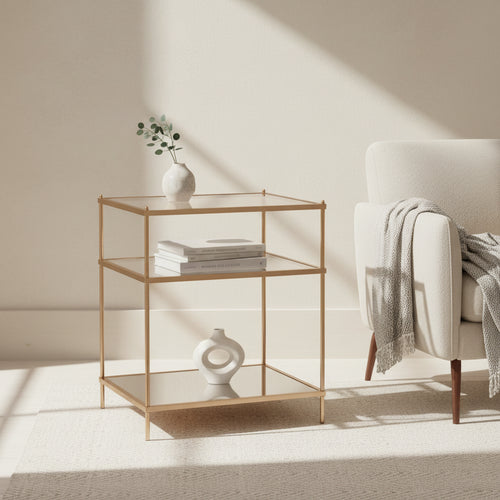 27 Gold Glass And Iron Square Mirrored End Table With Shelf - 22x18x26.75