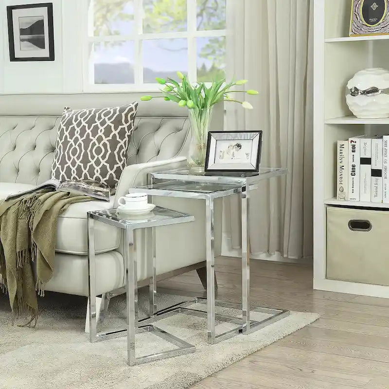 Ensemble de tables gigognes Addison Carolina Living - Plateau en verre - Base chromée