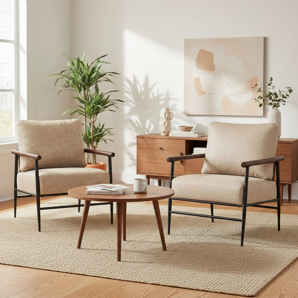 MCombo Set of 2 Modern Accent Chairs, Armchair with Upholstered Cushion, Leathaire Fabric Lounge Chairs for Living Room 4748