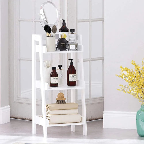 Étagère échelle à 3 niveaux, étagère de salle de bain autoportante, étagère ouverte en bois à 3 niveaux, étagère échelle (blanche)