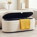 Banc de rangement ottoman en tissu peluche blanc de 45 po pour salon et chambre à coucher, banc de rangement ottoman ovale en sherpa avec repose-pieds et pieds antidérapants